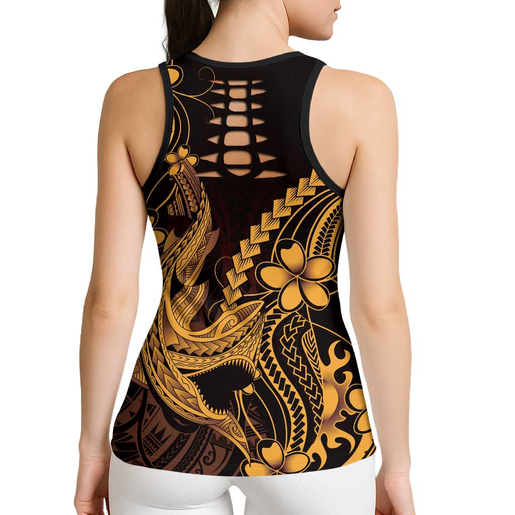Gold Black Aloha Hawaii Hollow Tank Top Polynesian Shark Tattoo With Plumeria LT14 - Polynesian Pride