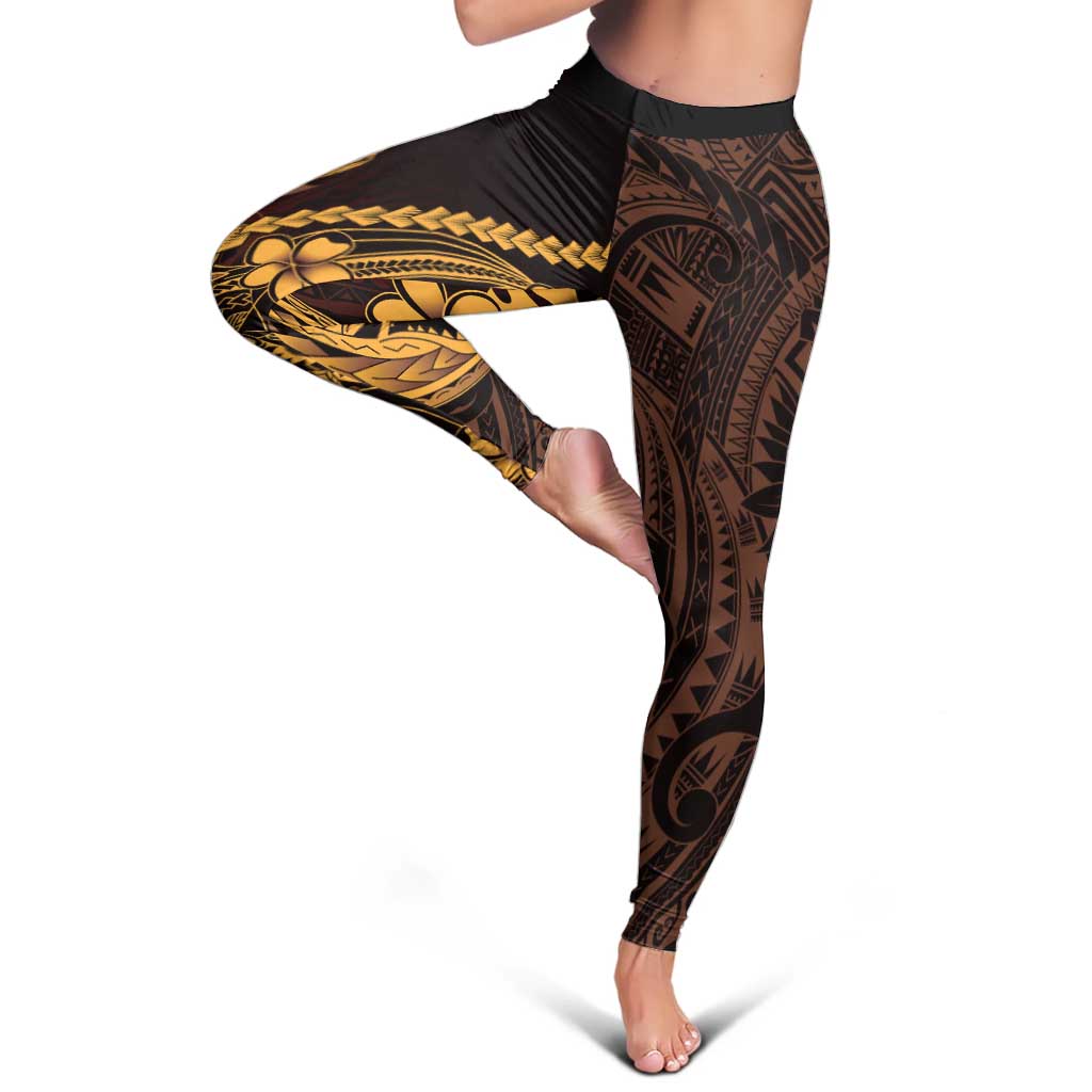 Gold Black Aloha Hawaii Leggings Polynesian Shark Tattoo With Plumeria - Polynesian Pride