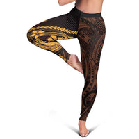 Gold Black Aloha Hawaii Leggings Polynesian Shark Tattoo With Plumeria - Polynesian Pride