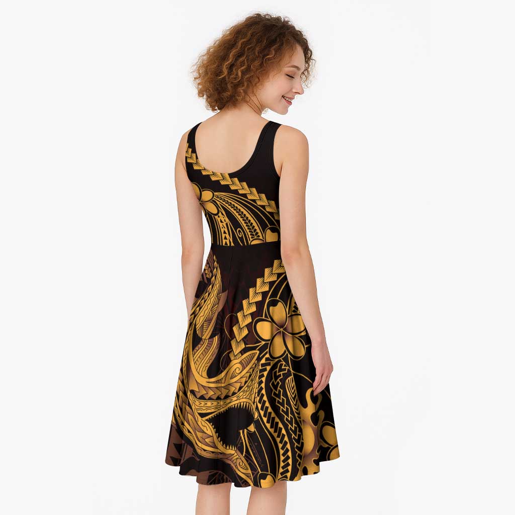 Gold Black Aloha Hawaii Midi Dress Polynesian Shark Tattoo With Plumeria - Polynesian Pride