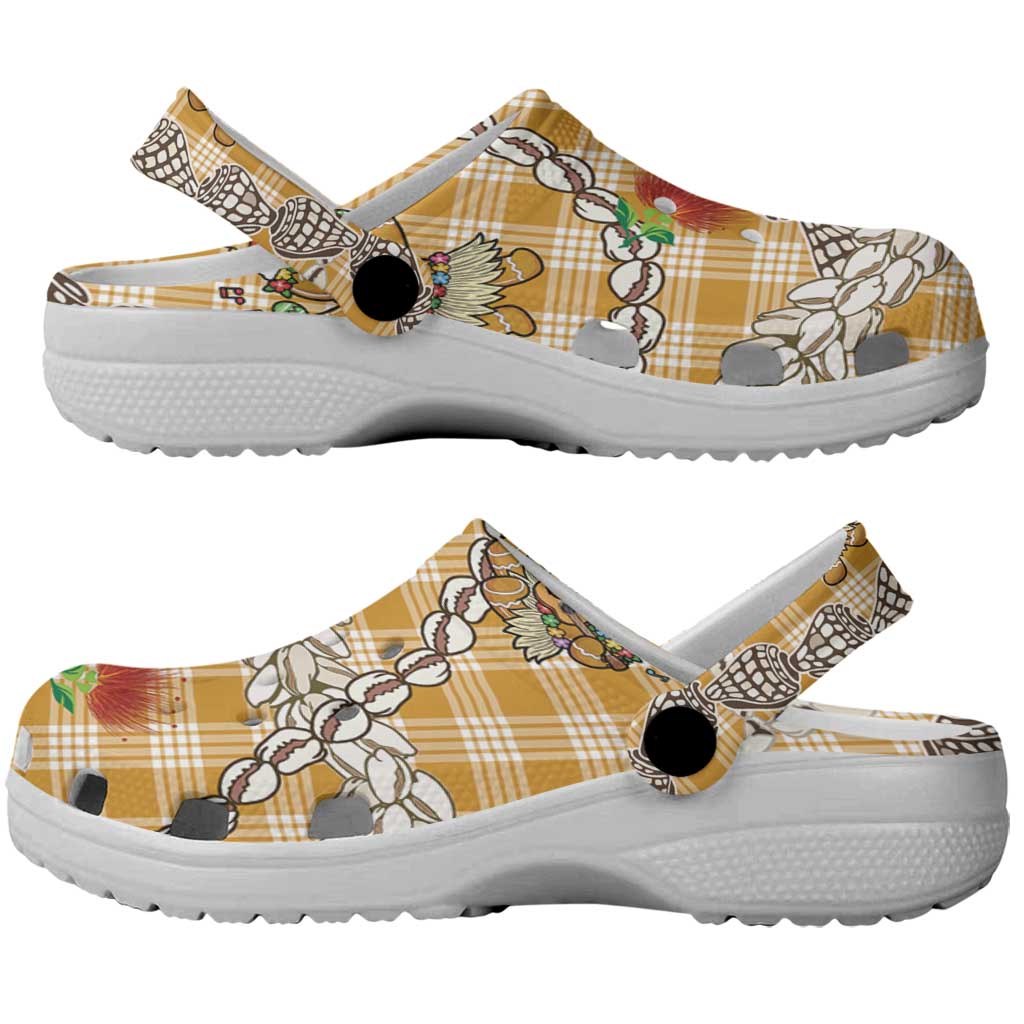 Gold Palaka Hawaii Mele Kalikimaka Clogs Shoes Ohia Lehua Shell Leis Funny Gingerbread Santa LT14 - Polynesian Pride