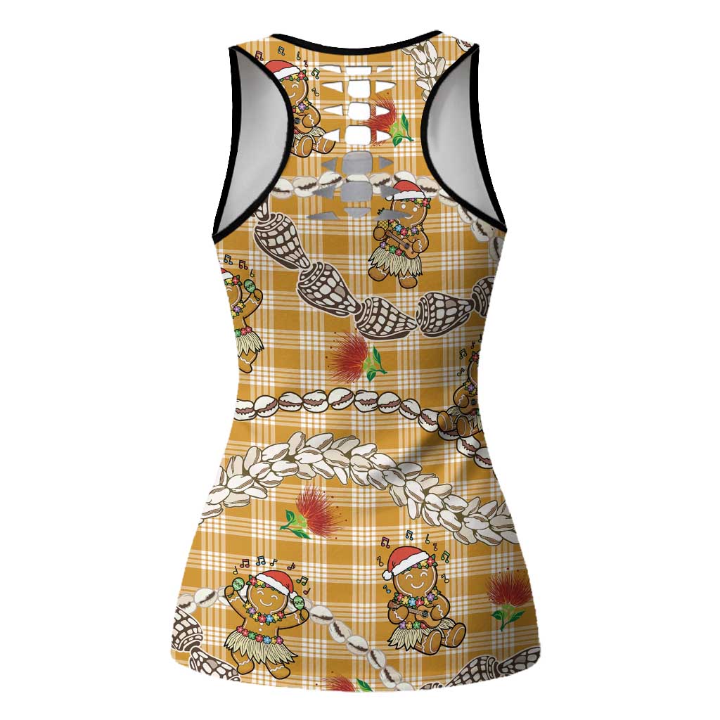 Gold Palaka Hawaii Mele Kalikimaka Hollow Tank Top Ohia Lehua Shell Leis Funny Gingerbread Santa LT14 - Polynesian Pride