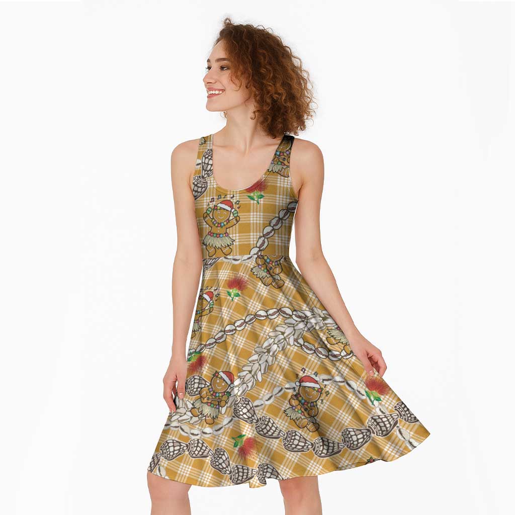 Gold Palaka Hawaii Mele Kalikimaka Midi Dress Ohia Lehua Shell Leis Funny Gingerbread Santa - Polynesian Pride