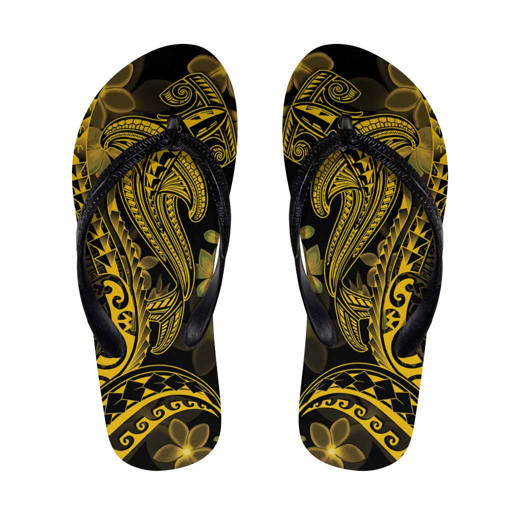 Gold Polynesia Shark Tattoo Flip Flops Polynesian Plumeria - Polynesian Pride