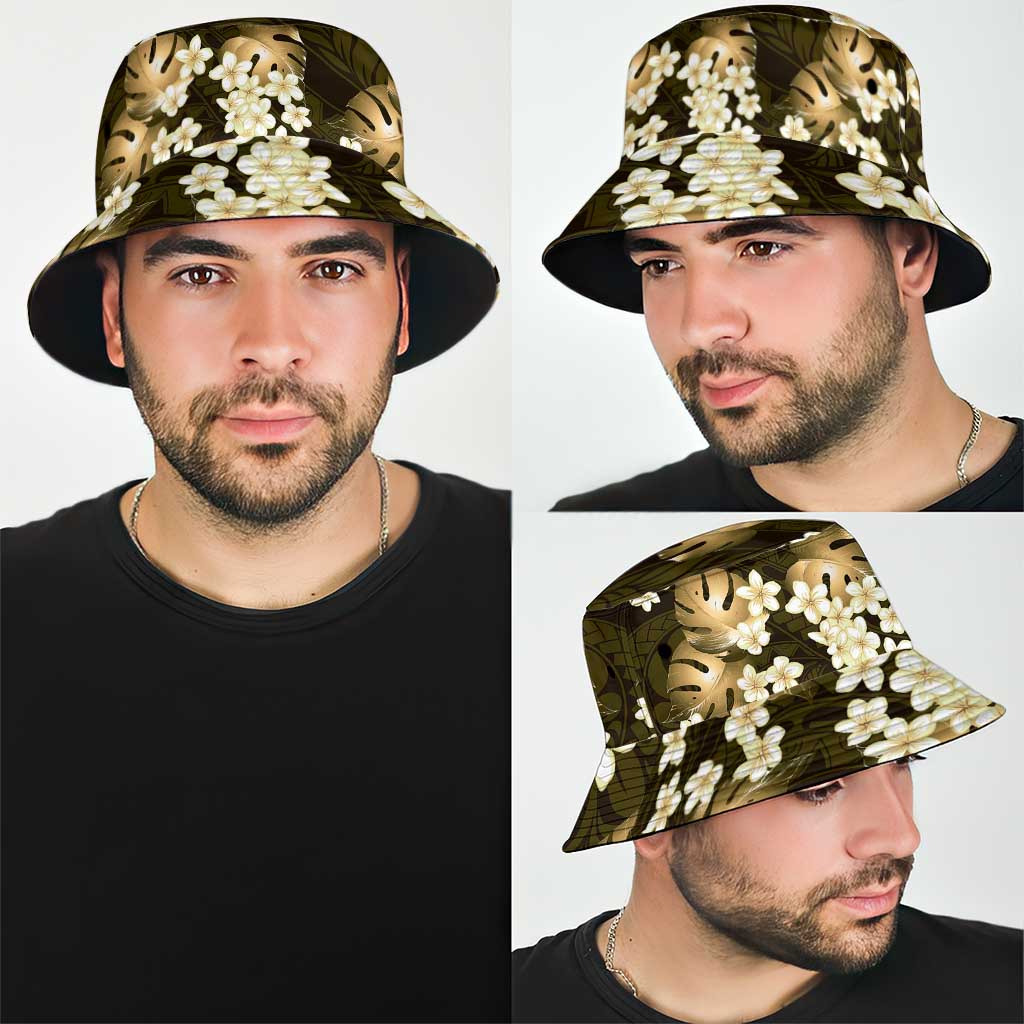 Gold Tropical Hawaii Bucket Hat Seamless Monstera Plumeria Hawaiian Pattern - Polynesian Pride