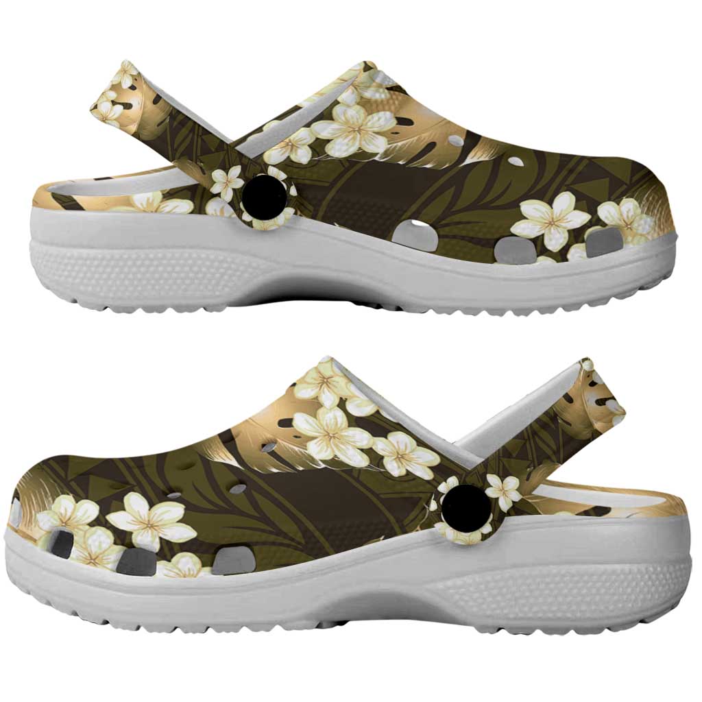 Gold Tropical Hawaii Clogs Shoes Seamless Monstera Plumeria Hawaiian Pattern - Polynesian Pride