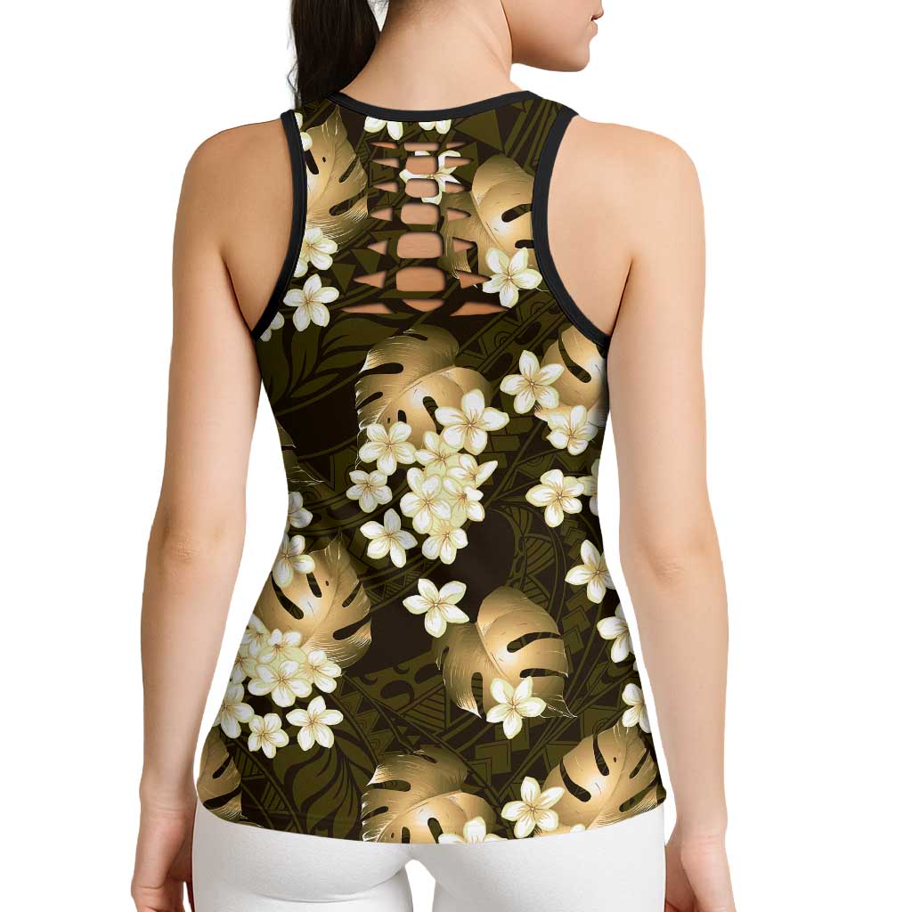 Gold Tropical Hawaii Hollow Tank Top Seamless Monstera Plumeria Hawaiian Pattern - Polynesian Pride