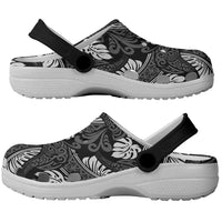 Grayscale Monstera Clogs Shoes Polynesian Tribal Pattern - Polynesian Pride