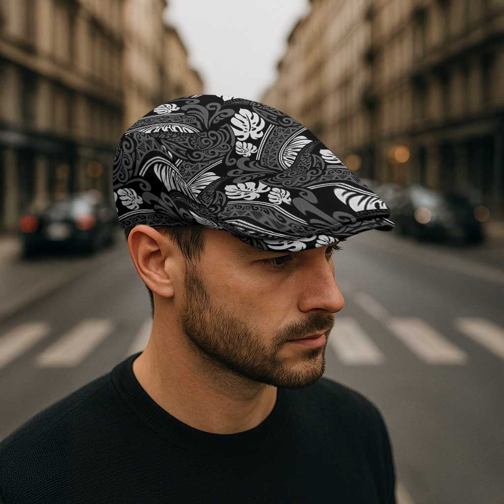 Grayscale Monstera Jeff Hat Polynesian Tribal Pattern - Polynesian Pride