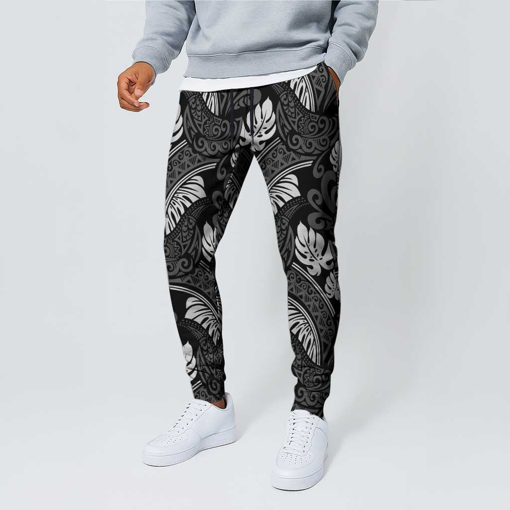 Grayscale Monstera Jogger Pants Polynesian Tribal Pattern - Polynesian Pride