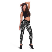 Grayscale Monstera Leggings Polynesian Tribal Pattern - Polynesian Pride