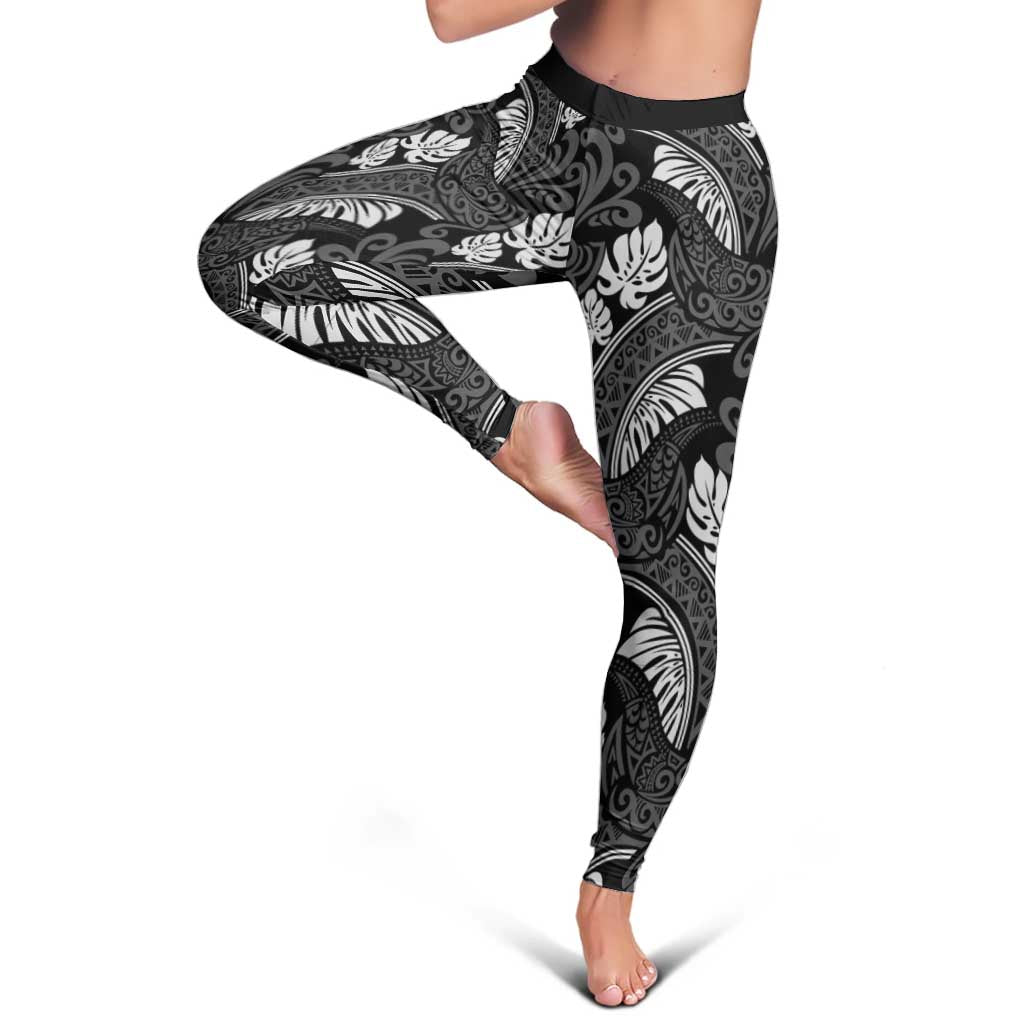 Grayscale Monstera Leggings Polynesian Tribal Pattern - Polynesian Pride