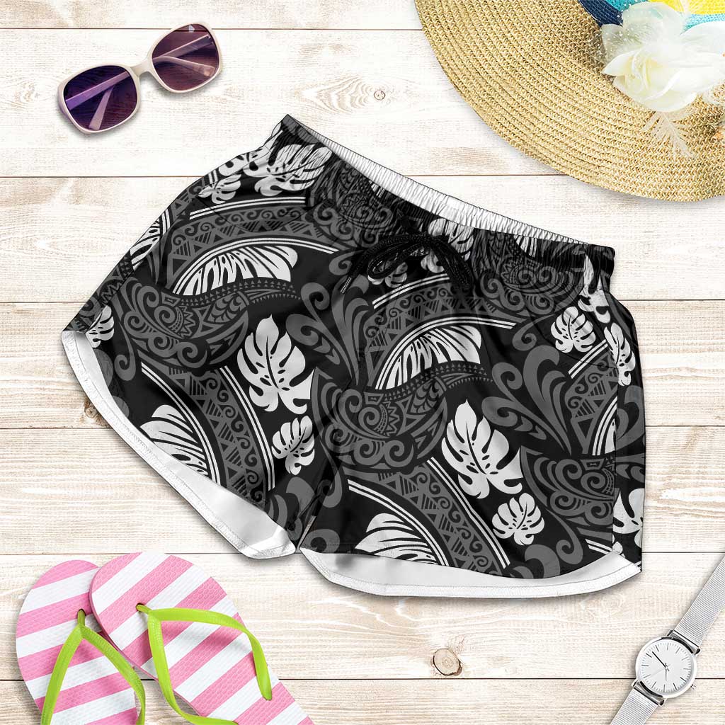 Grayscale Monstera Shorts for Women Polynesian Tribal Pattern LT01 Black - Polynesian Pride