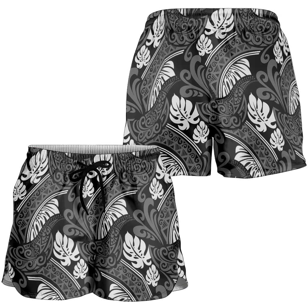 Grayscale Monstera Shorts for Women Polynesian Tribal Pattern LT01 - Polynesian Pride