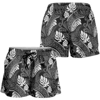 Grayscale Monstera Shorts for Women Polynesian Tribal Pattern LT01 - Polynesian Pride