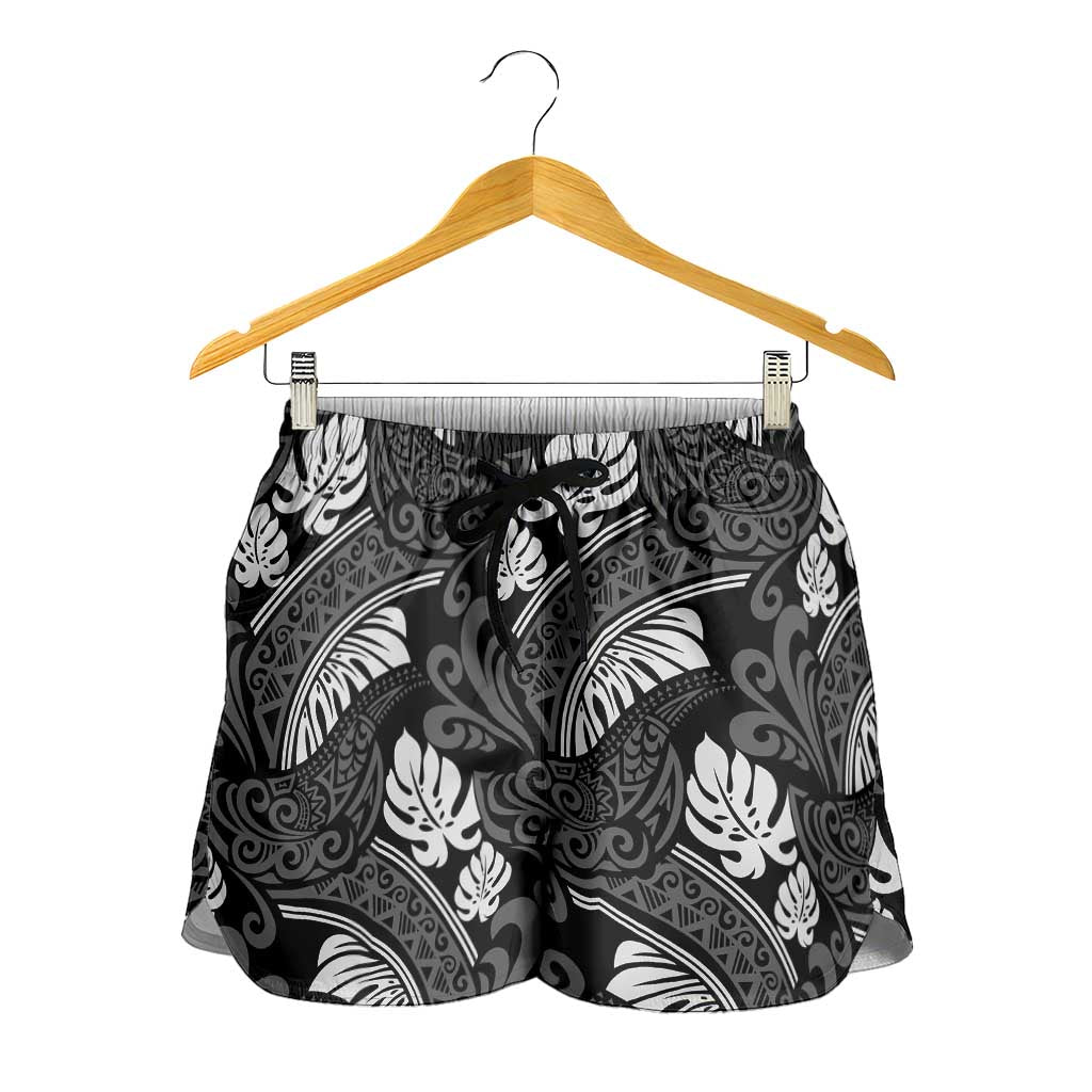 Grayscale Monstera Shorts for Women Polynesian Tribal Pattern LT01 - Polynesian Pride
