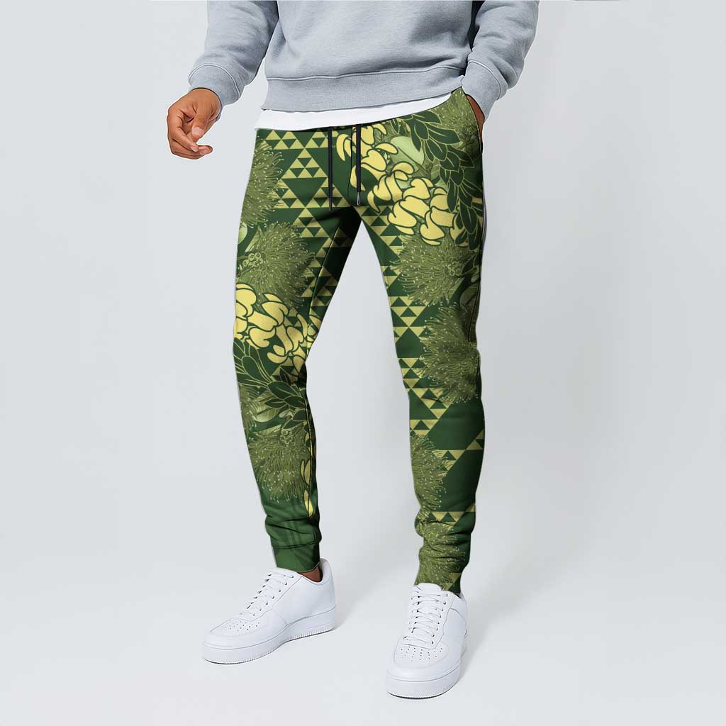 Green Aloha Hawaii Jogger Pants Hawaiian Kakau Ohia Lehua Lei - Polynesian Pride