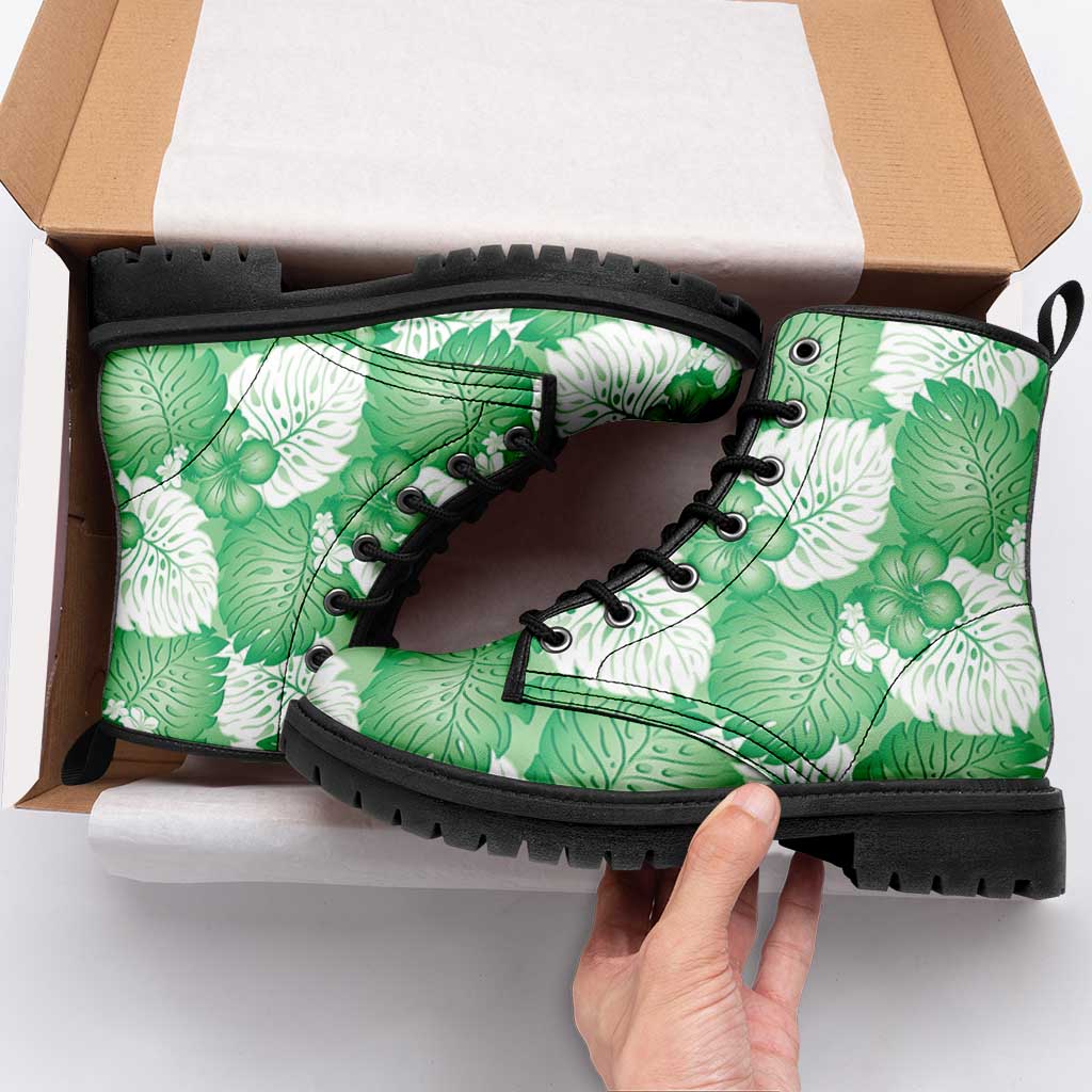 Green Aloha Hawaii Leather Boots Monstera Hibiscus Plumeria Seamless Vibes - Polynesian Pride