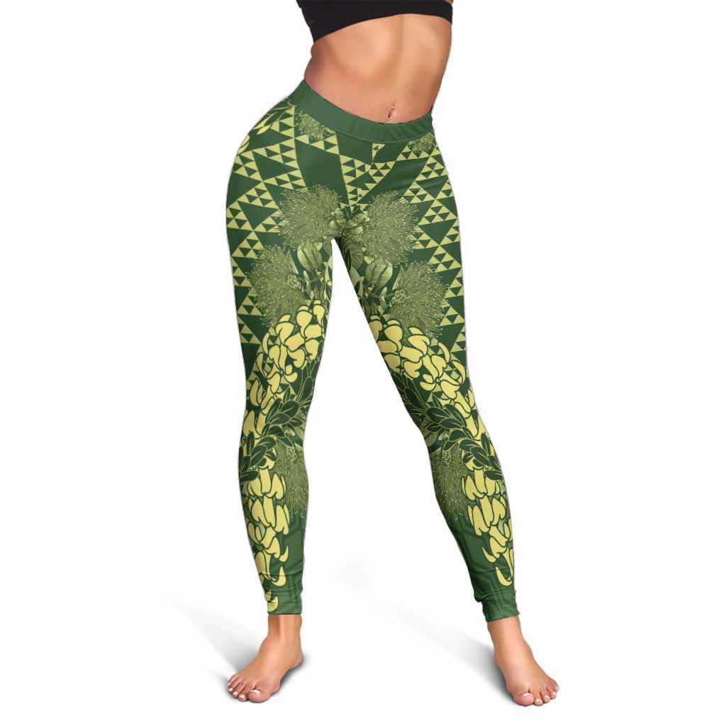 Green Aloha Hawaii Leggings Hawaiian Kakau Ohia Lehua Lei - Polynesian Pride