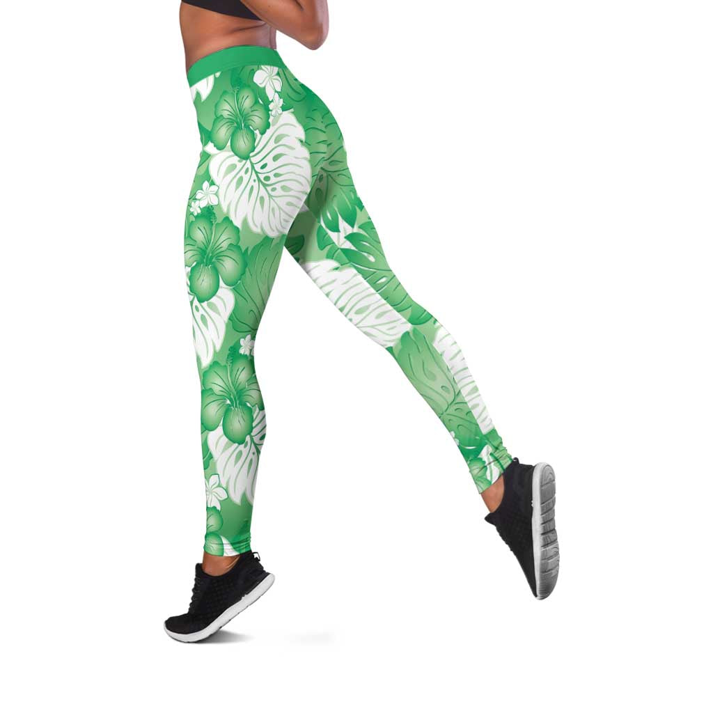 Green Aloha Hawaii Leggings Monstera Hibiscus Plumeria Seamless Vibes - Polynesian Pride