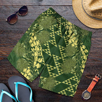 Green Aloha Hawaii Shorts for Men Hawaiian Kakau Ohia Lehua Lei - Polynesian Pride