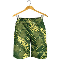 Green Aloha Hawaii Shorts for Men Hawaiian Kakau Ohia Lehua Lei - Polynesian Pride