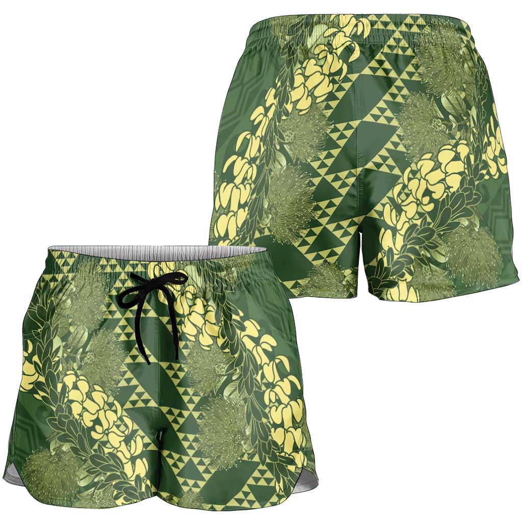 Green Aloha Hawaii Shorts for Women Hawaiian Kakau Ohia Lehua Lei - Polynesian Pride