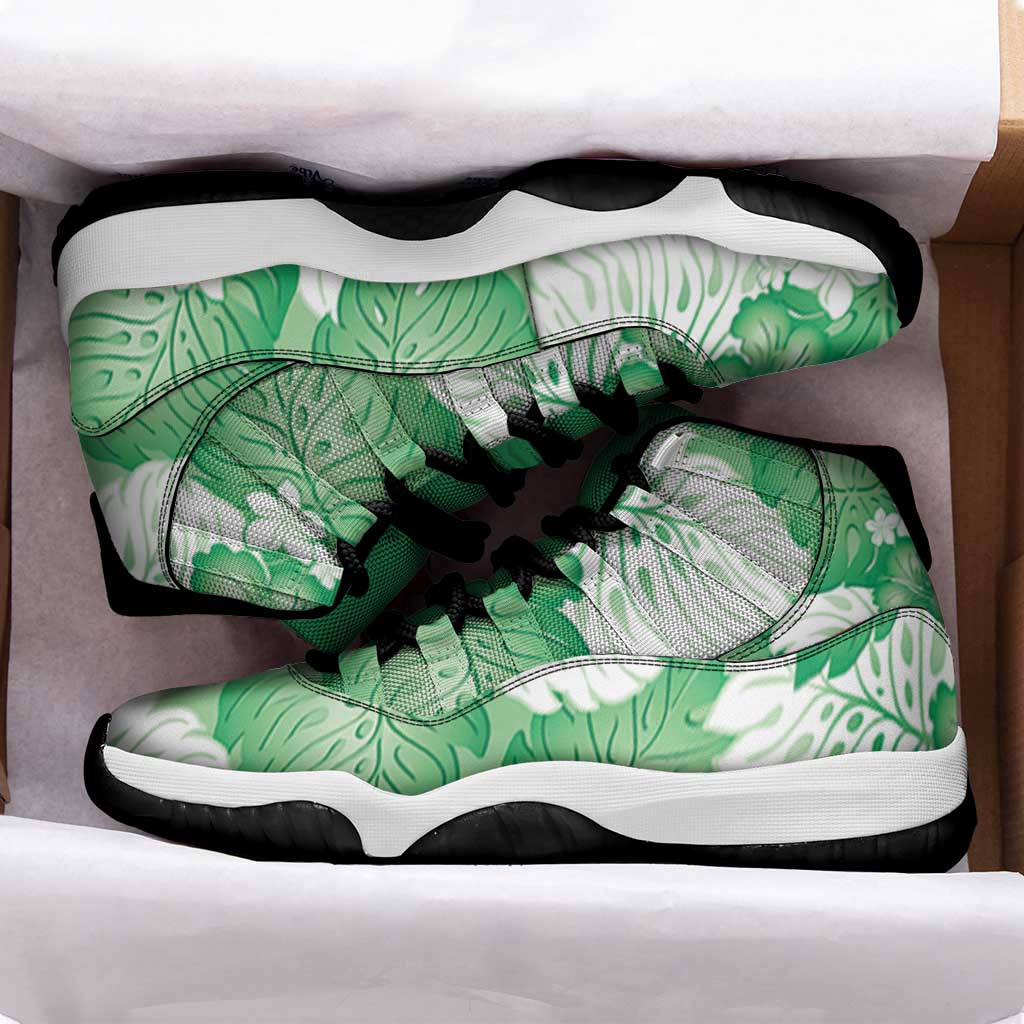 Green Aloha Hawaii Sneakers J11 Monstera Hibiscus Plumeria Seamless Vibes - Polynesian Pride