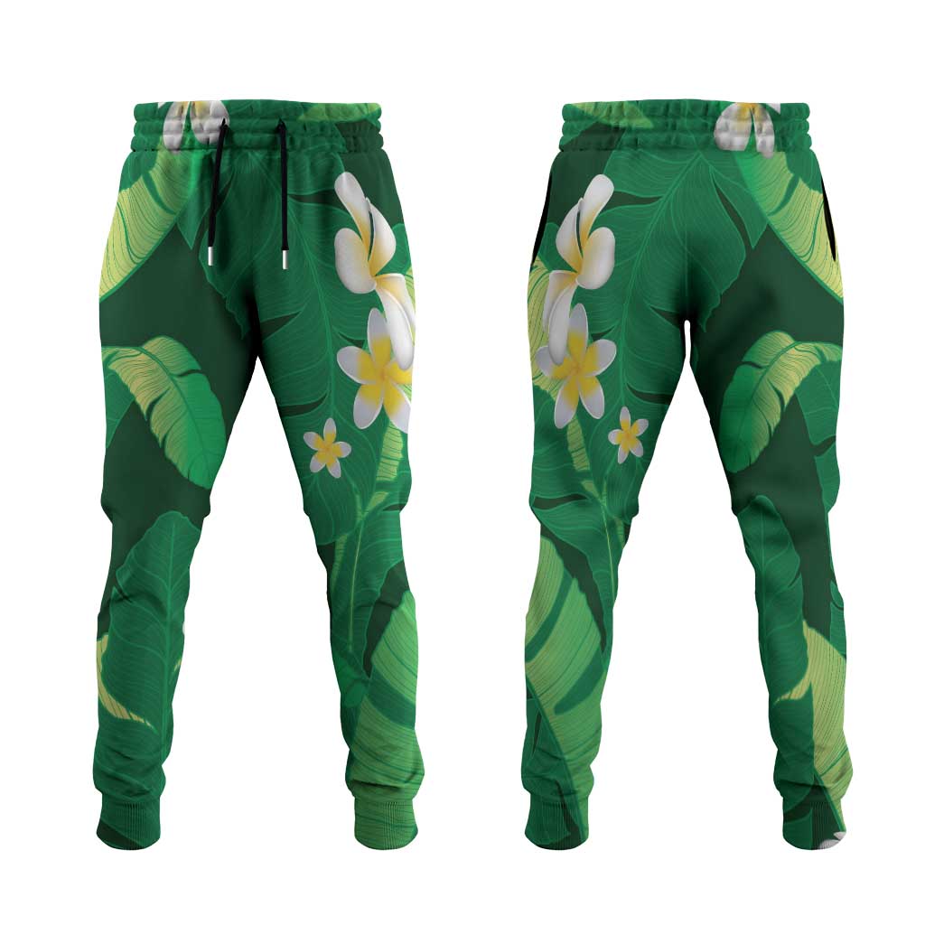 Green Banana Leaf Hawaii Jogger Pants Lau Maia Plumeria Tropical Summer Vibes LT14 Green - Polynesian Pride