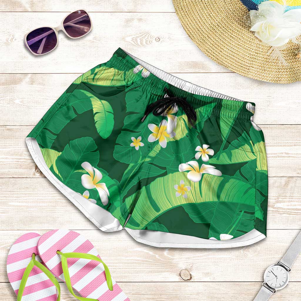 Green Banana Leaf Hawaii Shorts for Women Lau Maia Plumeria Tropical Summer Vibes