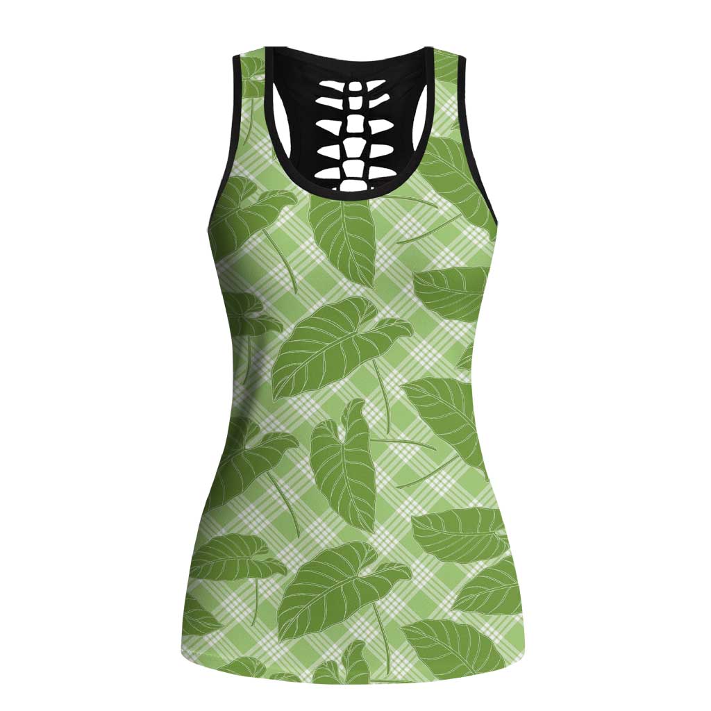 Green Hawaii Kalo Palaka Motifs Hollow Tank Top Hawaiian Taro Leaves Elegant Vibes