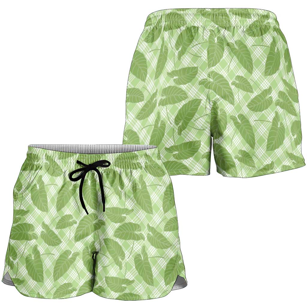 Green Hawaii Kalo Palaka Motifs Shorts for Women Hawaiian Taro Leaves Elegant Vibes