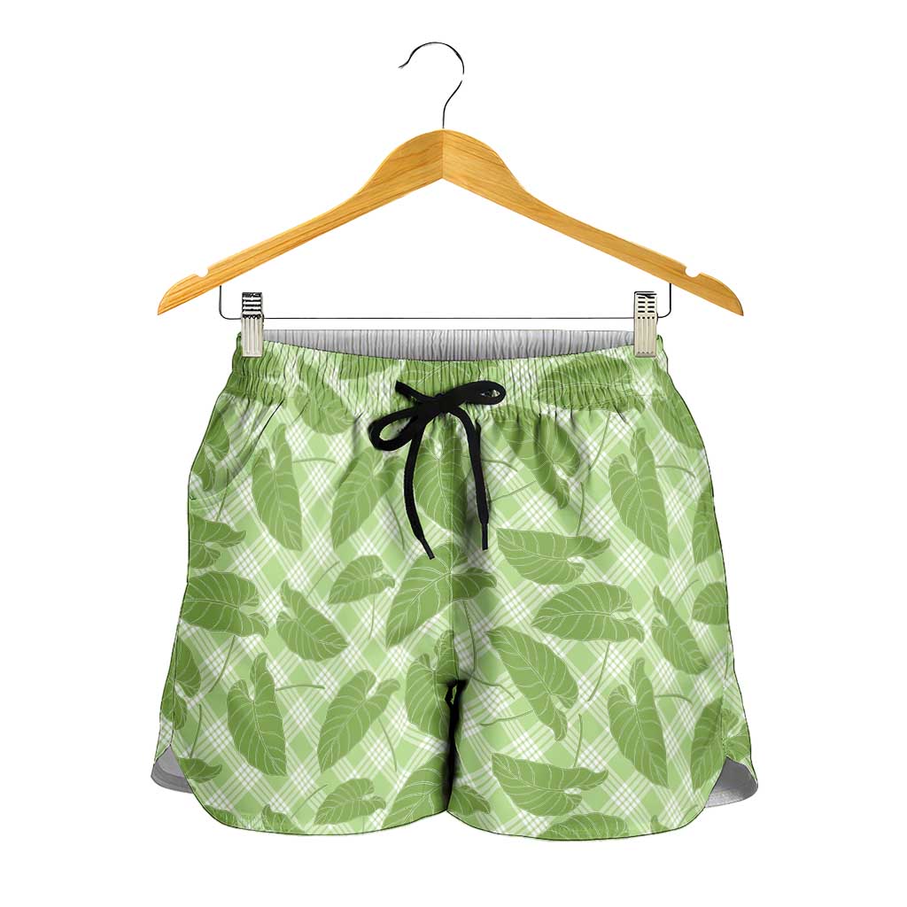 Green Hawaii Kalo Palaka Motifs Shorts for Women Hawaiian Taro Leaves Elegant Vibes