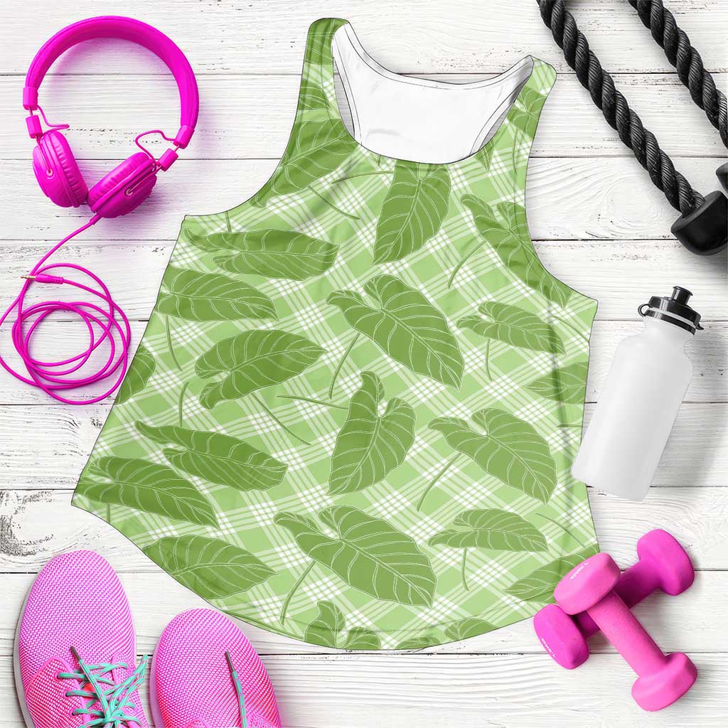 Green Hawaii Kalo Palaka Motifs Women Racerback Tank Hawaiian Taro Leaves Elegant Vibes