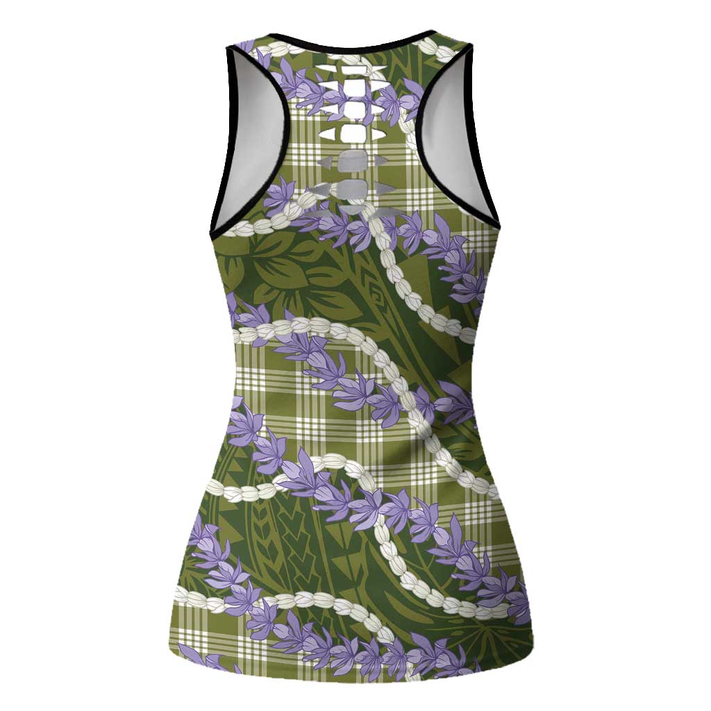 Green Hawaii Palaka Honohono Pikake Hollow Tank Top Hawaiian Orchid Lei Polynesian Pattern LT14 - Polynesian Pride