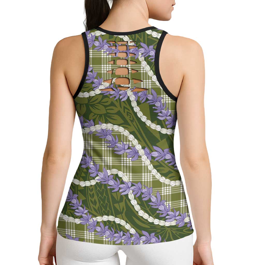 Green Hawaii Palaka Honohono Pikake Hollow Tank Top Hawaiian Orchid Lei Polynesian Pattern LT14 - Polynesian Pride