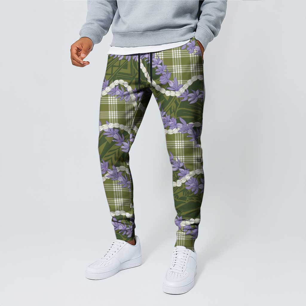 Green Hawaii Palaka Honohono Pikake Jogger Pants Hawaiian Orchid Lei Polynesian Pattern LT14 - Polynesian Pride