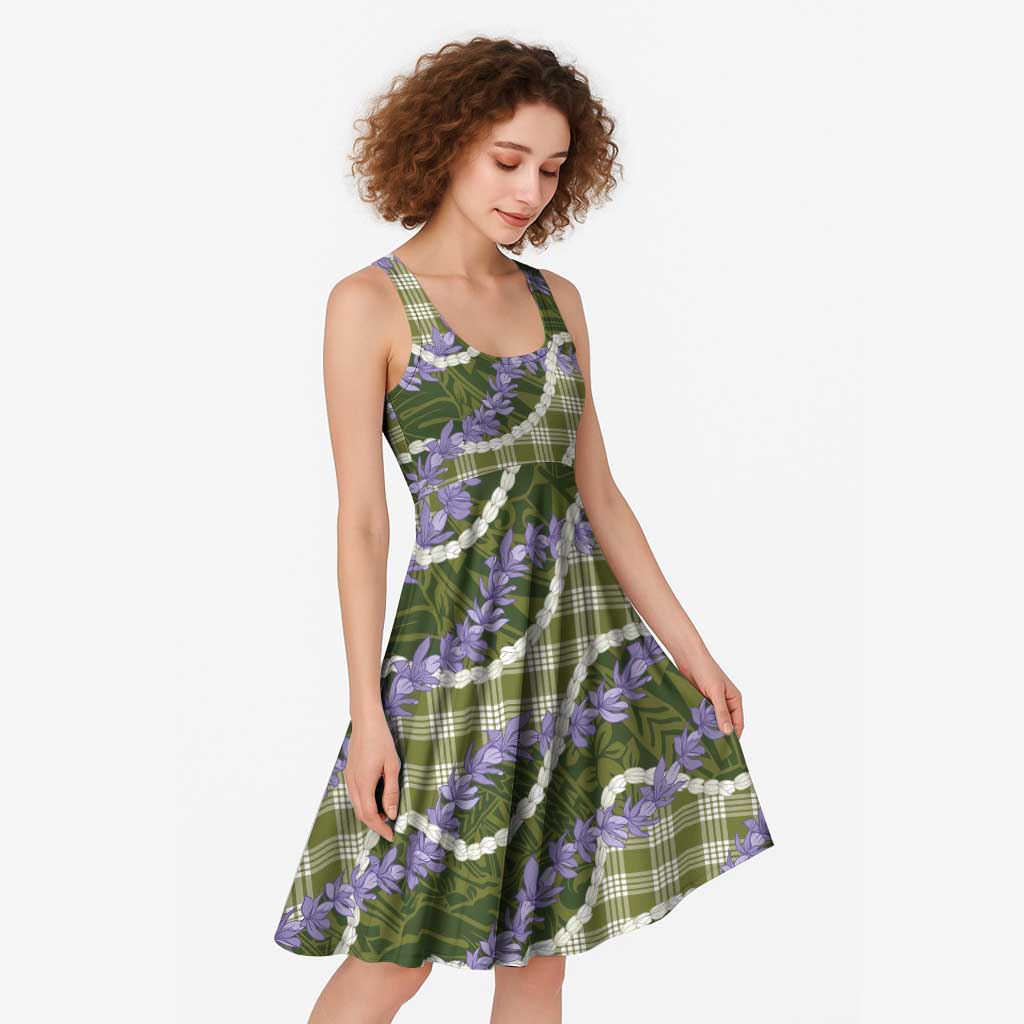 Green Hawaii Palaka Honohono Pikake Midi Dress Hawaiian Orchid Lei Polynesian Pattern - Polynesian Pride