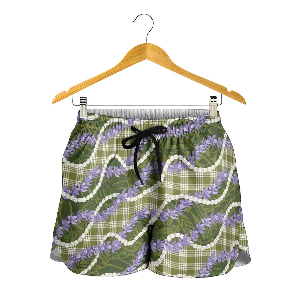Green Hawaii Palaka Honohono Pikake Shorts for Women Hawaiian Orchid Lei Polynesian Pattern LT14 - Polynesian Pride