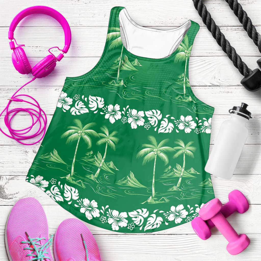 Green Hawaii Palm Tree Hibiscus Women Racerback Tank Fantasy Summer Vibe