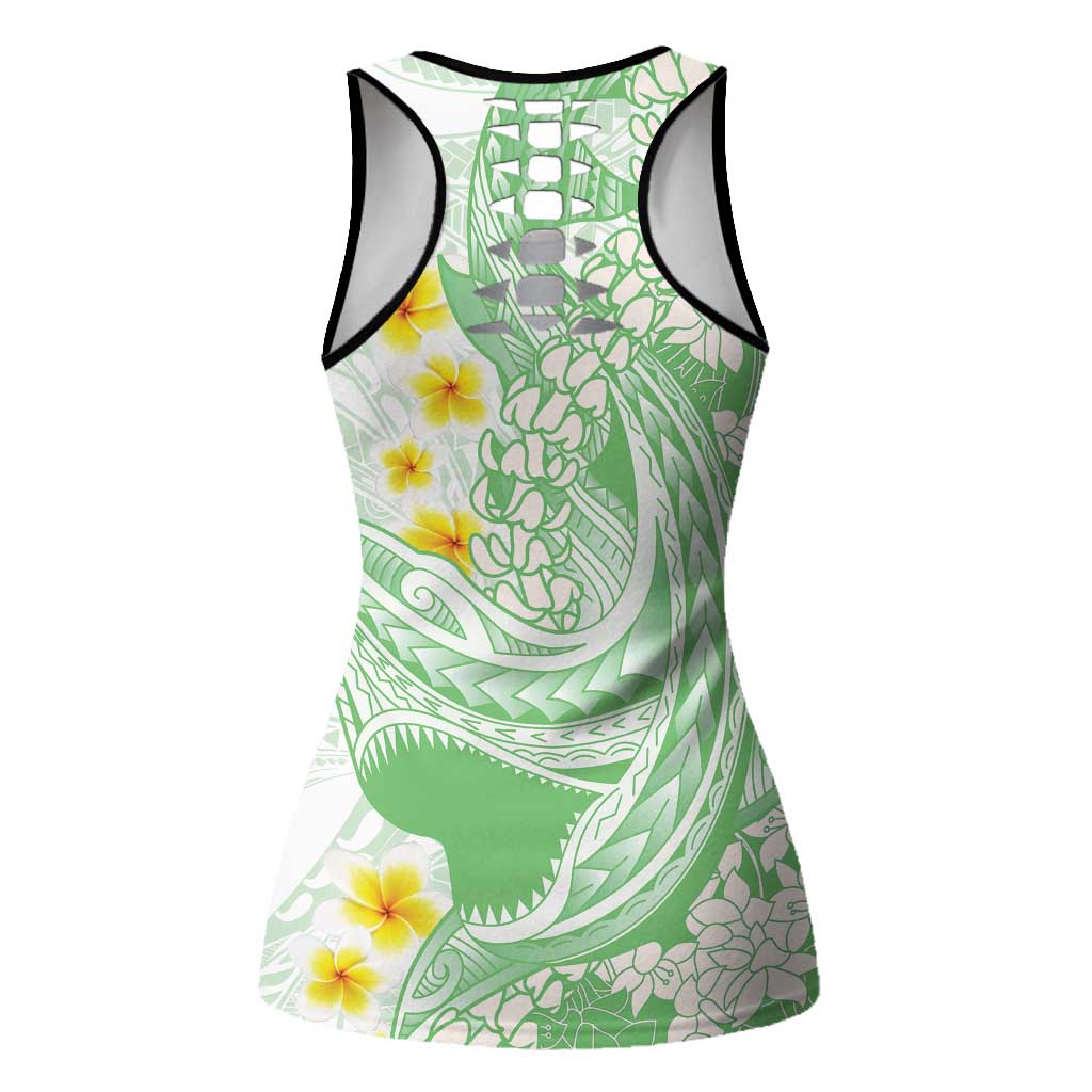 Green Hawaii Shark Tattoo Hollow Tank Top Puakenikeni Lei Plumeria Polynesian Pattern LT14 - Polynesian Pride