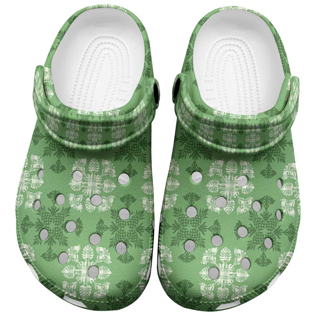 Green Hawaiian Quilt Clogs Shoes Hawaii Pineapple Monstera Palaka Motifs - Polynesian Pride