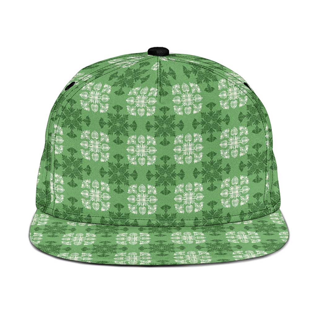 Green Hawaiian Quilt Snapback Cap Hawaii Pineapple Monstera Palaka Motifs - Polynesian Pride