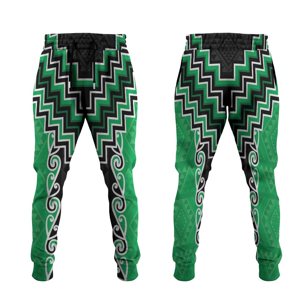 Green Niho Taniwha Mix Poutama Jogger Pants Unique Taniko Aotearoa LT01 Green - Polynesian Pride