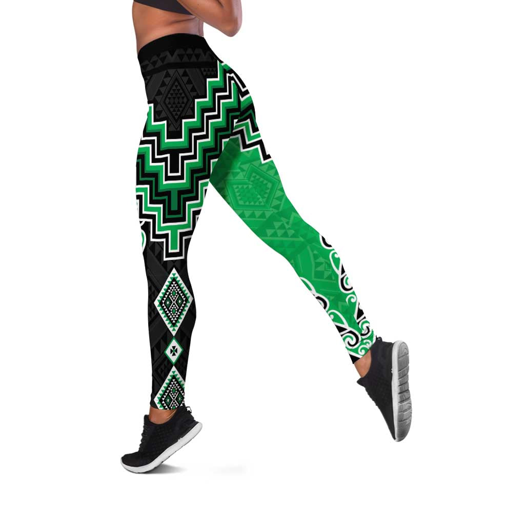 Green Niho Taniwha Mix Poutama Leggings Unique Taniko Aotearoa LT01 Green - Polynesian Pride