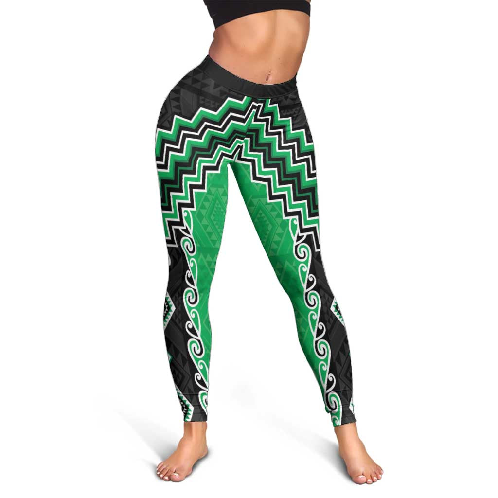 Green Niho Taniwha Mix Poutama Leggings Unique Taniko Aotearoa - Polynesian Pride