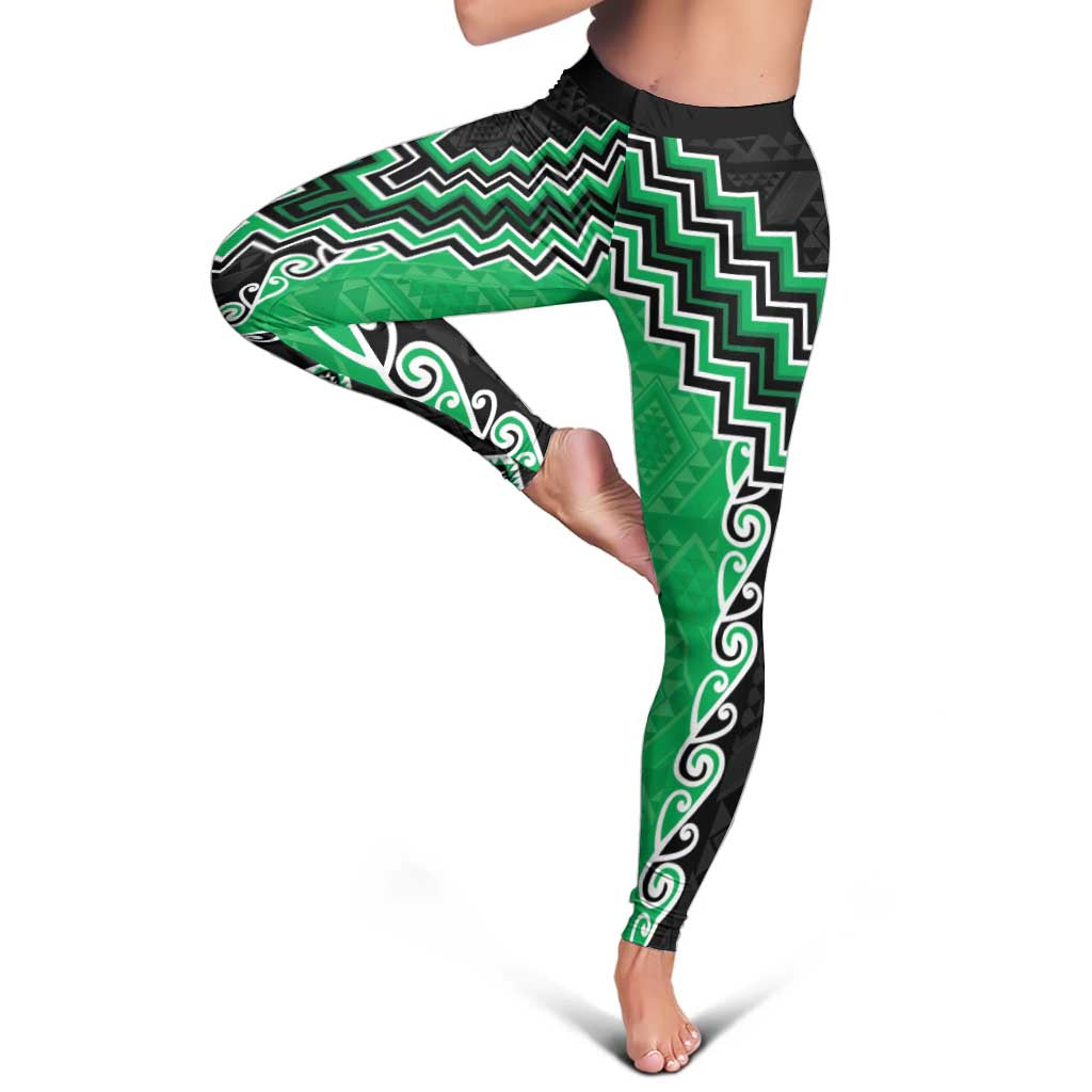 Green Niho Taniwha Mix Poutama Leggings Unique Taniko Aotearoa - Polynesian Pride