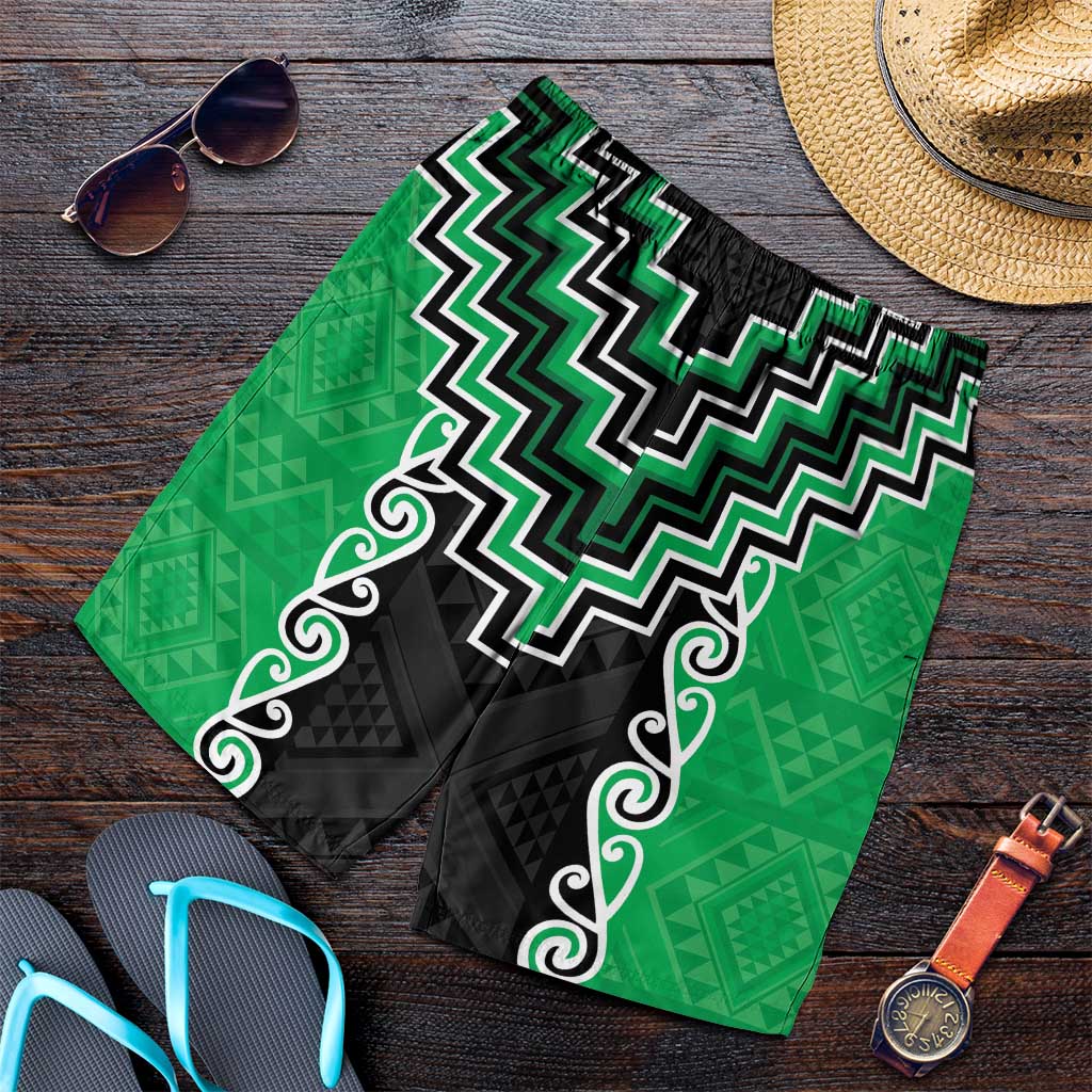 Green Niho Taniwha Mix Poutama Shorts for Men Unique Taniko Aotearoa LT01 Green - Polynesian Pride