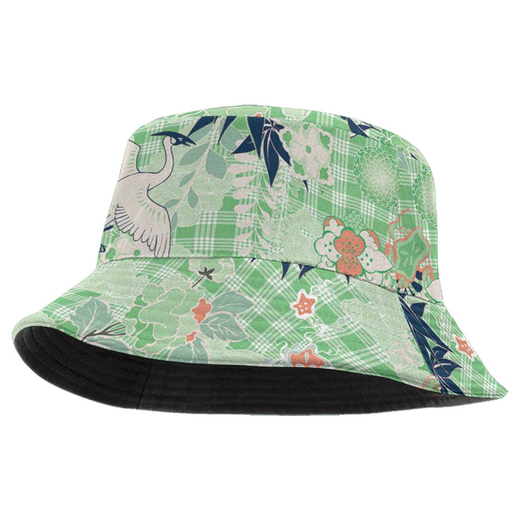 Green Palaka Crane and Flowers Bucket Hat Japan Heritage Spirit - Polynesian Pride