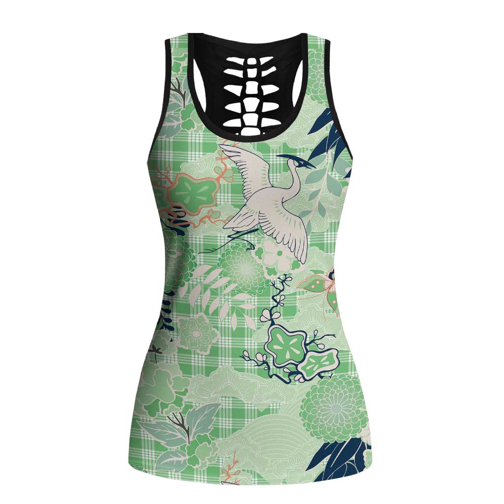 Green Palaka Crane and Flowers Hollow Tank Top Japan Heritage Spirit LT9 Female Green - Polynesian Pride